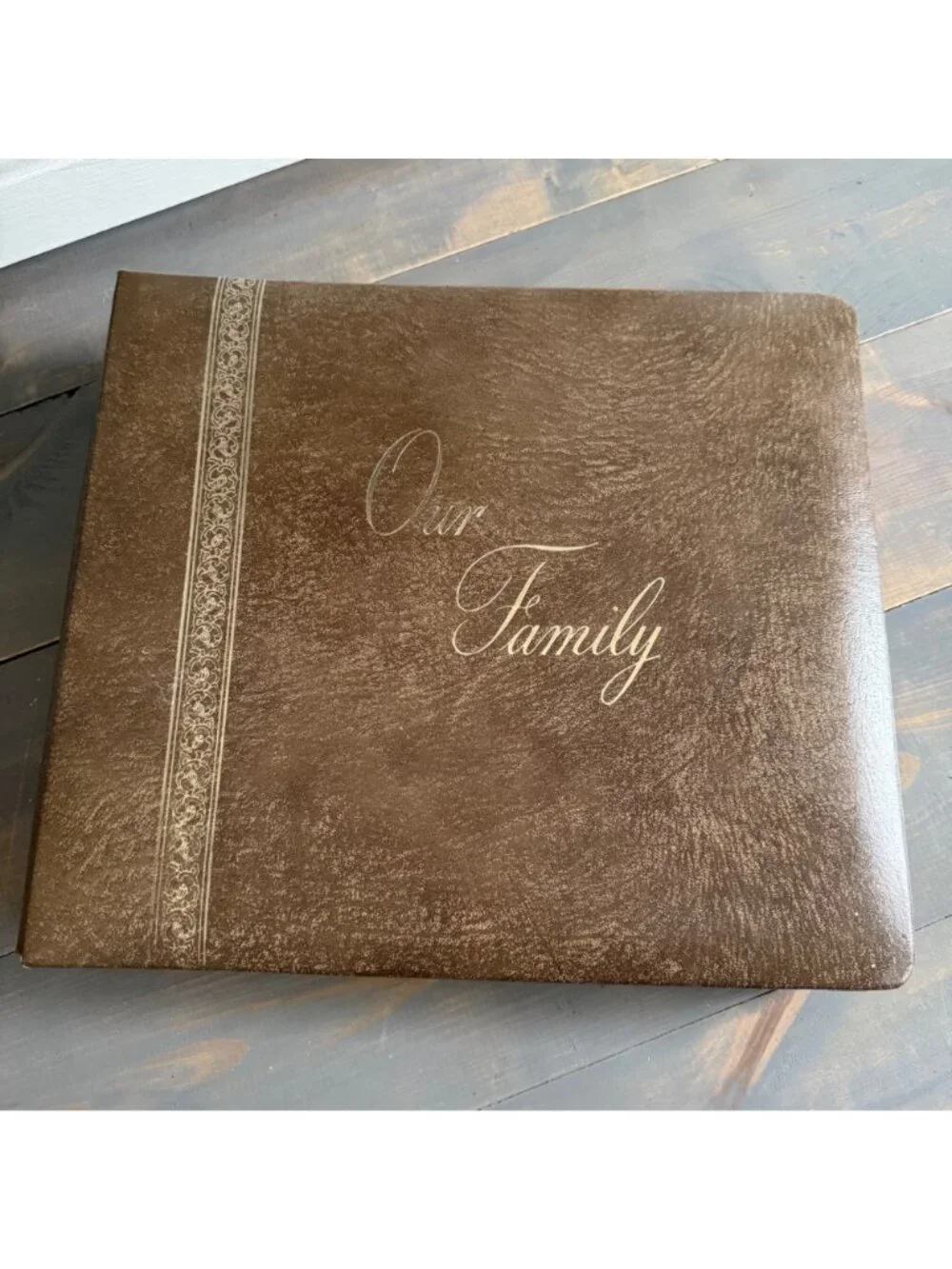 Vtg MCM 70s Our Family Photo Album Brown Top-Grain Cowhide Leather Gold Embossed